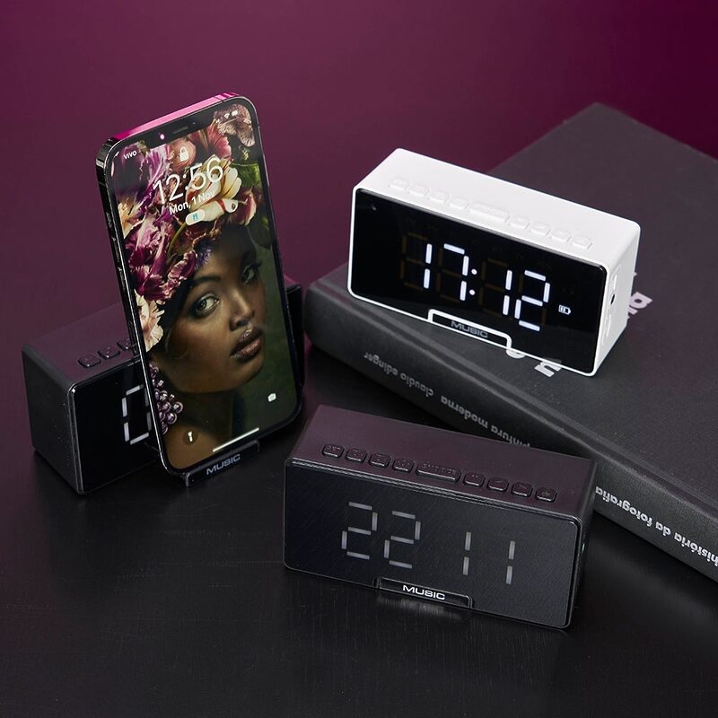 Caixa de Som Multimídia com Relógio e Suporte para Celular